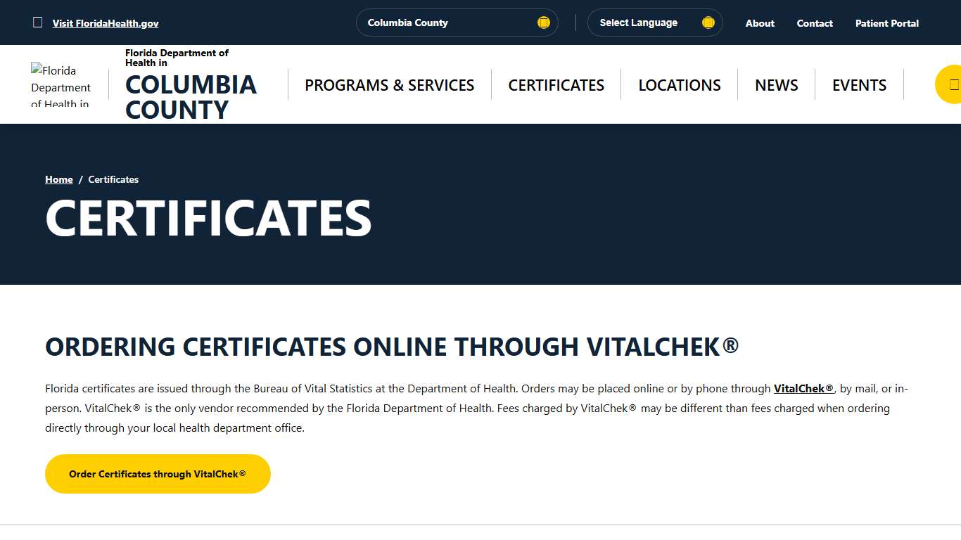 Certificates - Florida Department of Health in Columbia County