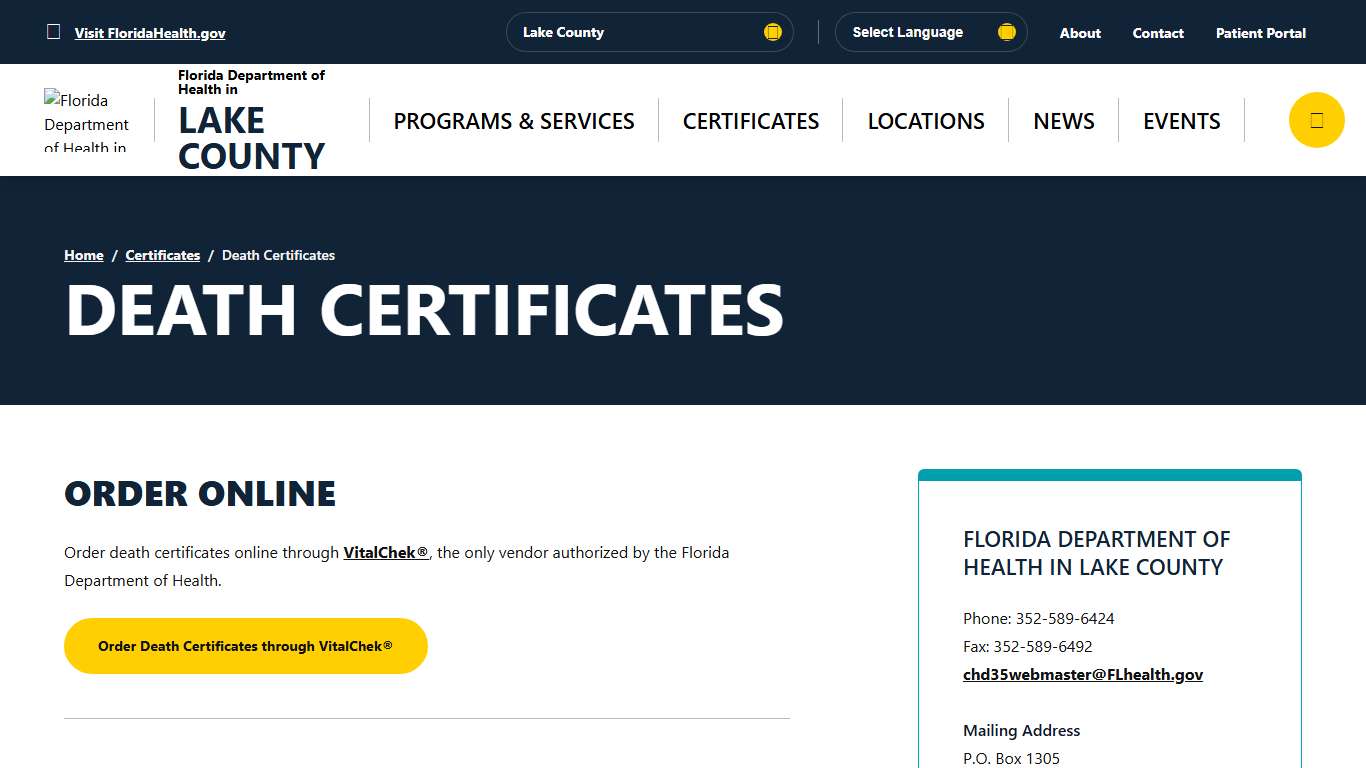 Death Certificates - Florida Department of Health in Lake County
